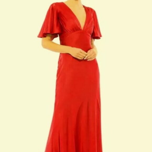 Mac Duggal Red Flounce Sleeve Satin Trumpet Gown - Picture 1 of 4
